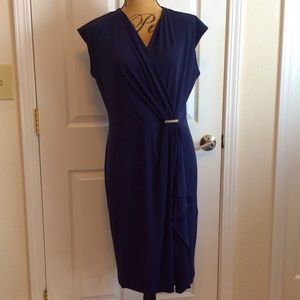NWT MICHAEL Kors wrap front navy blue & gold bar midi formal party dress size L